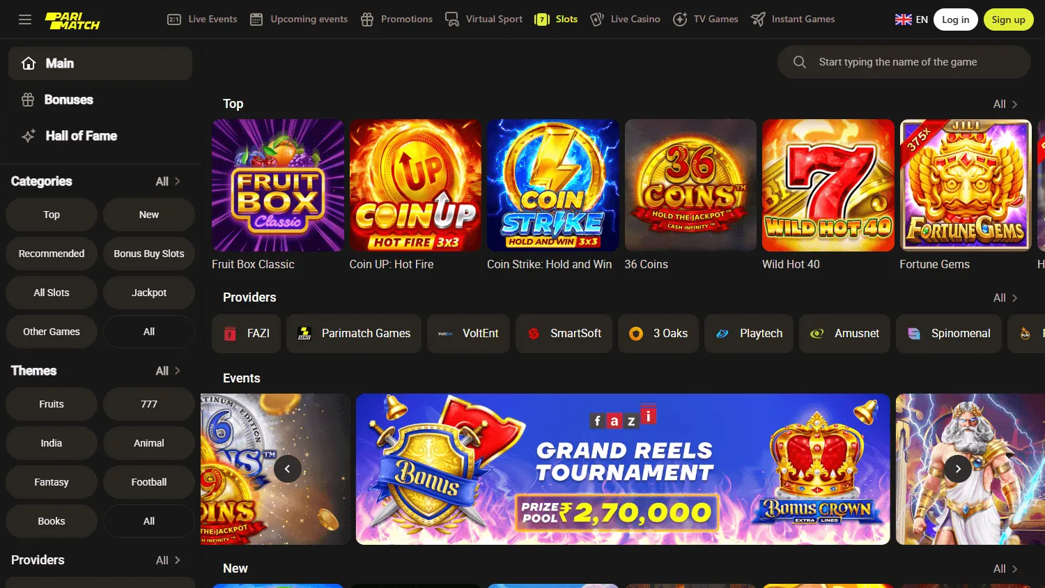 Parimatch Casino games area on desktop