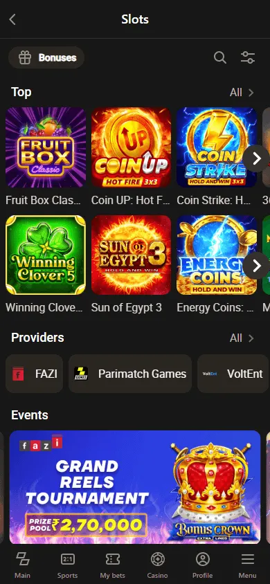 Parimatch Casino games area on a mobile device