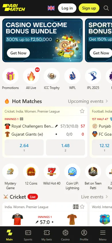 Parimatch Casino home page on a mobile device