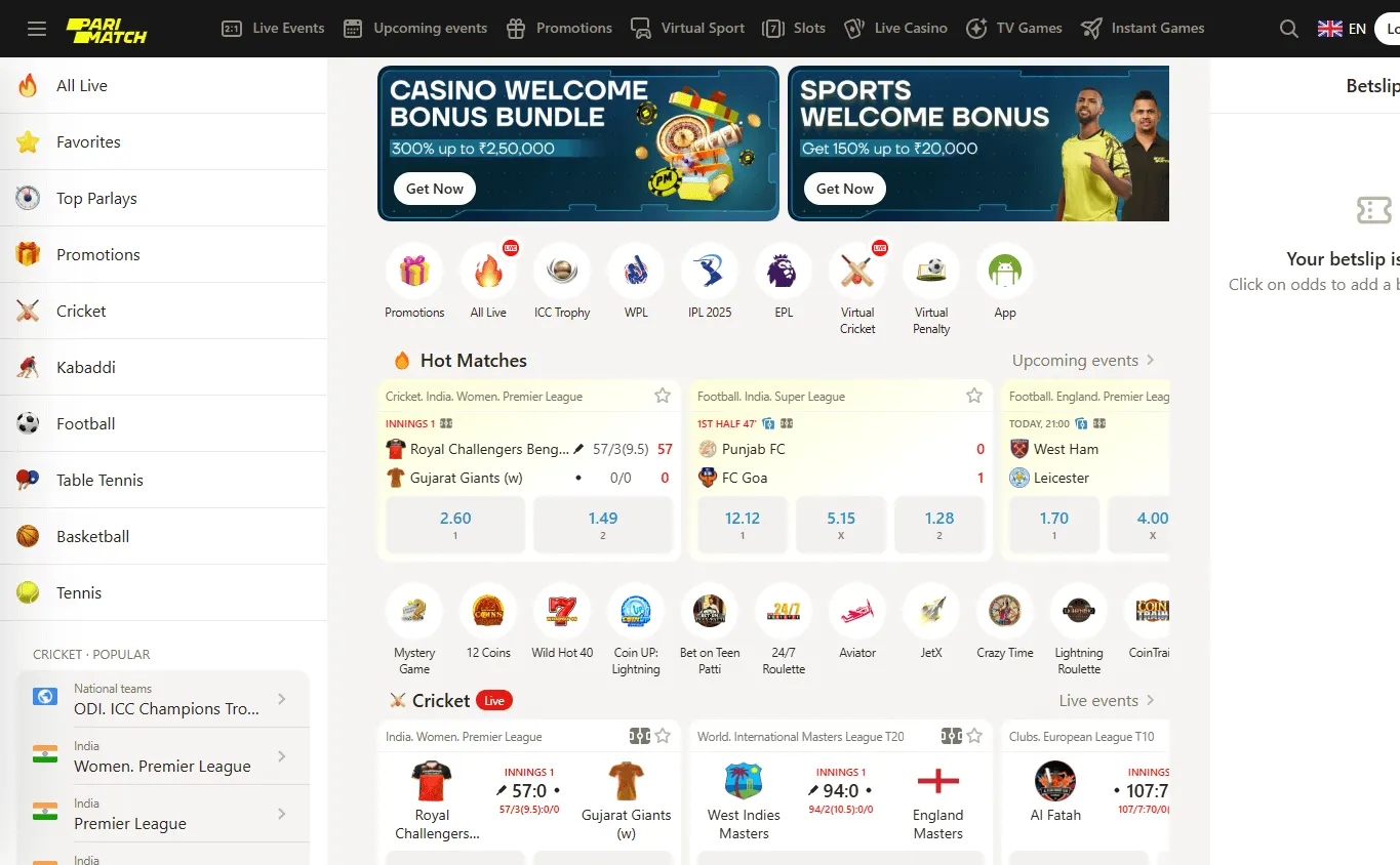 Parimatch Casino home page on desktop