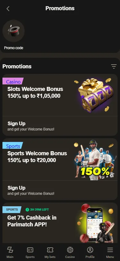 Parimatch Casino promotions area on a mobile device