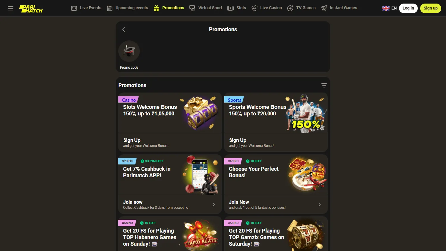 Parimatch Casino promotions area on desktop